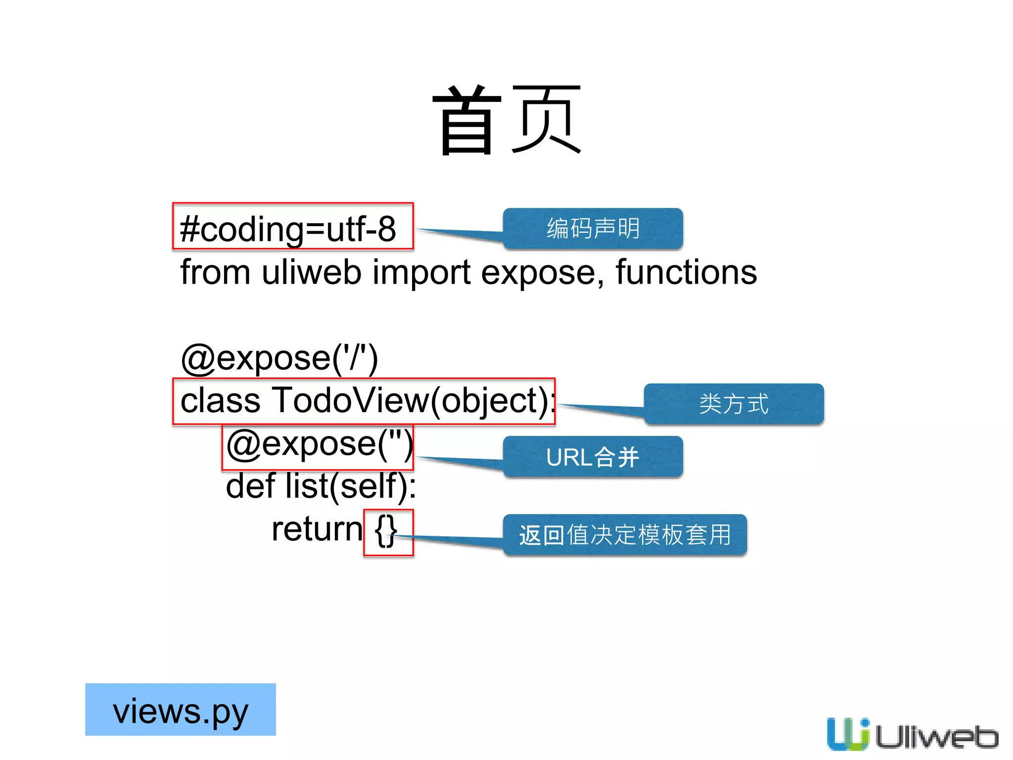 首页
#coding=utf-8
from uliweb import expose, functions
@expose('/')
class TodoView(object):
@expose('')
def list(self):
return {}
views.py
编码声明
类方式
URL合并
返回值决定模板套用
 