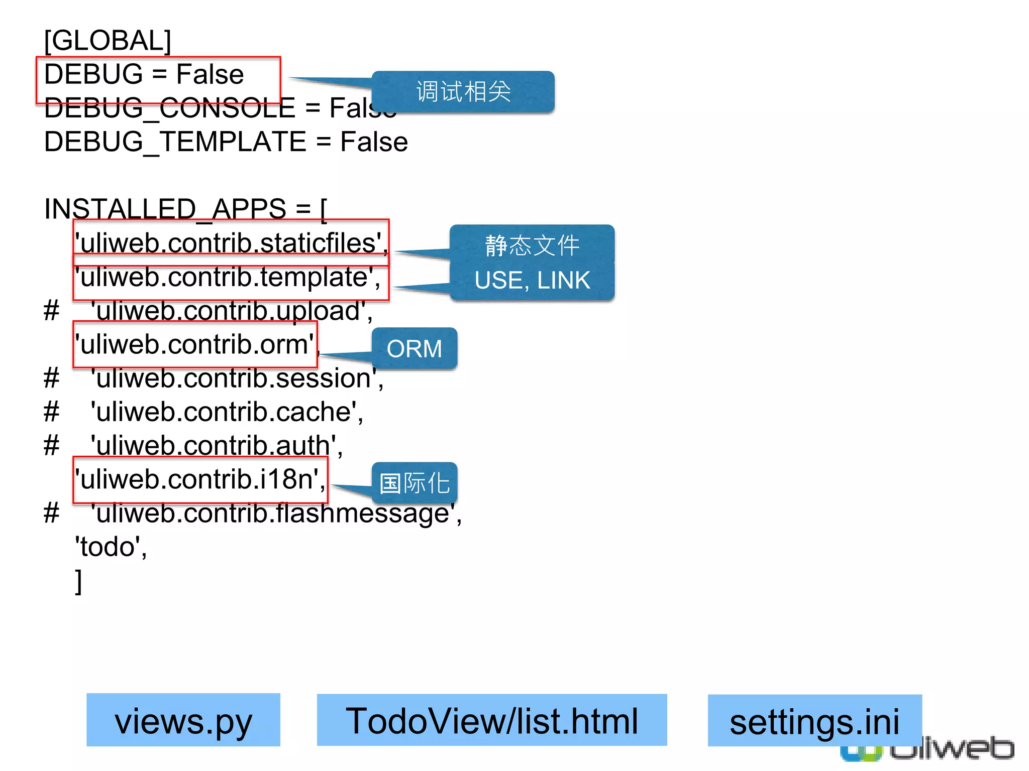 views.py
[GLOBAL]
DEBUG = False
DEBUG_CONSOLE = False
DEBUG_TEMPLATE = False
INSTALLED_APPS = [
'uliweb.contrib.staticfiles',
'uliweb.contrib.template',
# 'uliweb.contrib.upload',
'uliweb.contrib.orm',
# 'uliweb.contrib.session',
# 'uliweb.contrib.cache',
# 'uliweb.contrib.auth',
'uliweb.contrib.i18n',
# 'uliweb.contrib.flashmessage',
'todo',
]
TodoView/list.html
调试相关
ORM
国际化
静态文件
USE, LINK
settings.ini
 