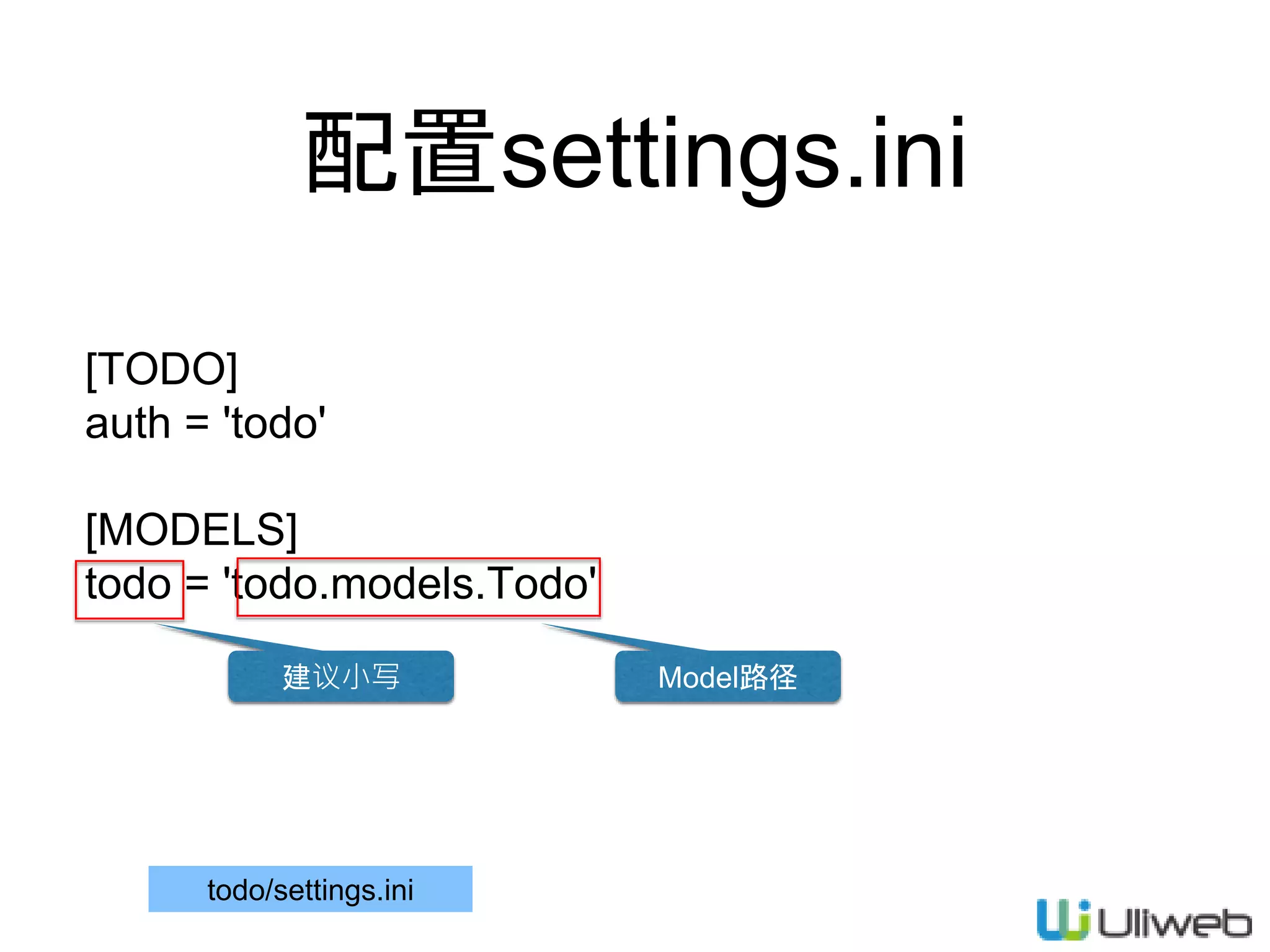 配置settings.ini
[TODO]
auth = 'todo'
[MODELS]
todo = 'todo.models.Todo'
建议小写 Model路径
todo/settings.ini
 