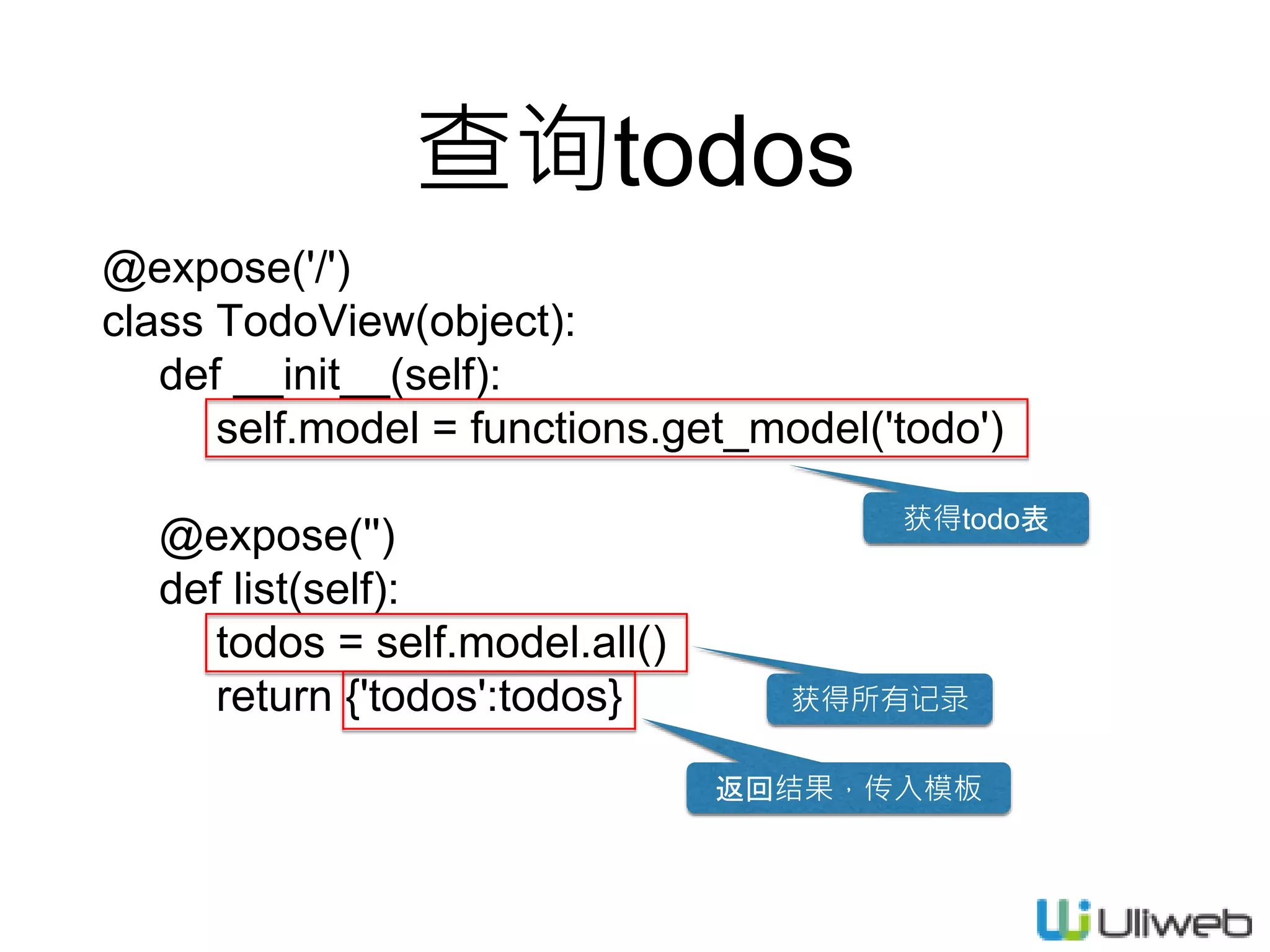 查询todos
@expose('/')
class TodoView(object):
def __init__(self):
self.model = functions.get_model('todo')
@expose('')
def list(self):
todos = self.model.all()
return {'todos':todos} 获得所有记录
返回结果，传入模板
获得todo表
 