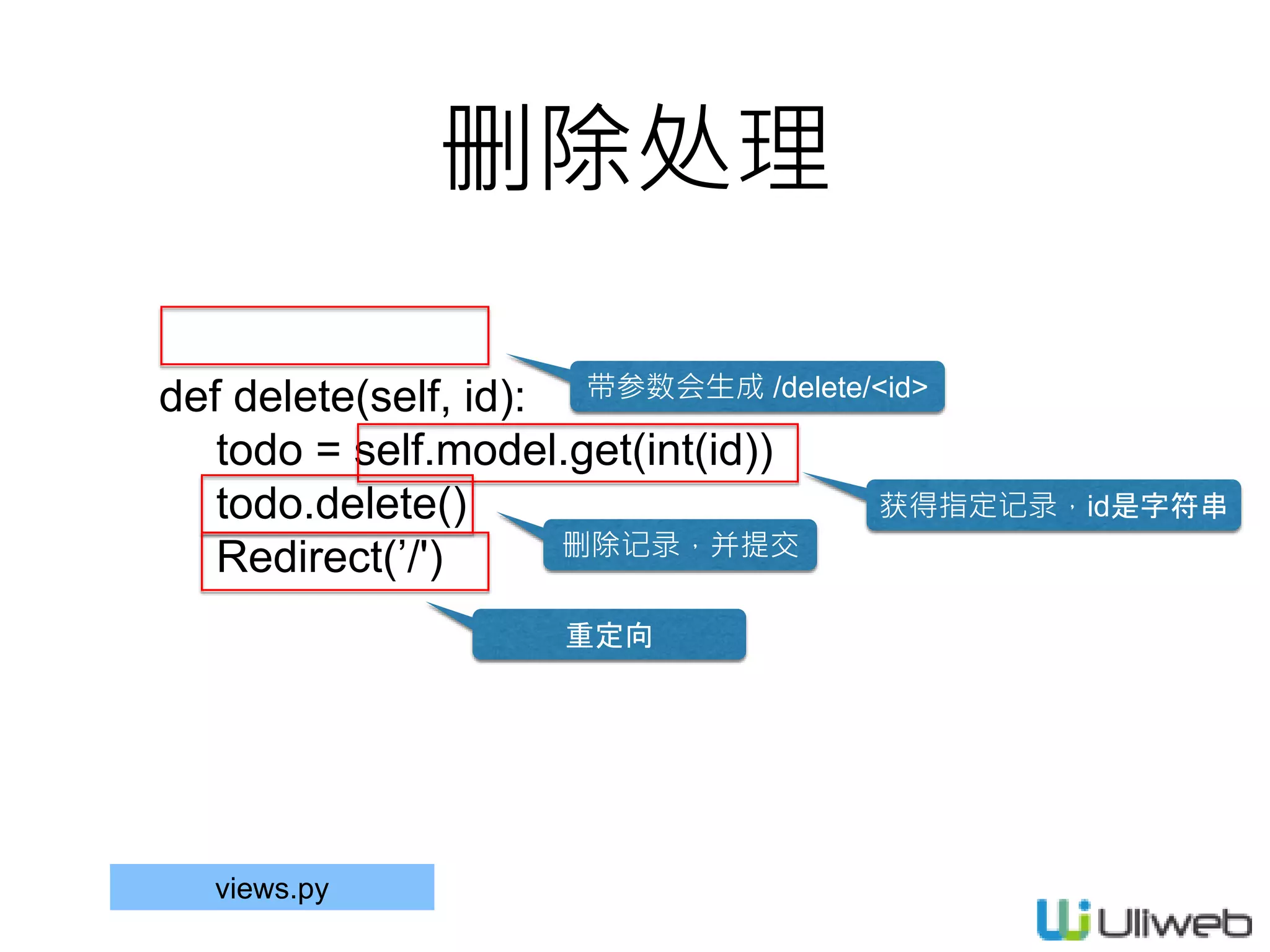 删除处理
def delete(self, id):
todo = self.model.get(int(id))
todo.delete()
Redirect(’/')
带参数会生成 /delete/<id>
获得指定记录，id是字符串
删除记录，并提交
重定向
views.py
 