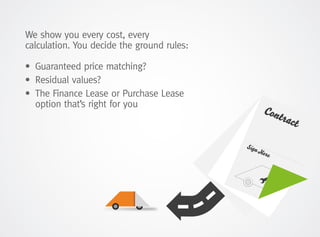 We show you every cost, every
calculation. You decide the ground rules:
•	 Guaranteed price matching?
•	 Residual values?
•	The Finance Lease or Purchase Lease
option that’s right for you
 