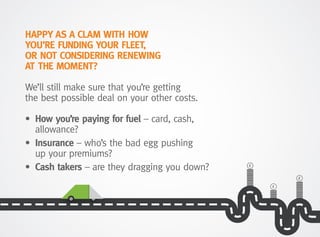 HAPPY AS A CLAM WITH HOW
YOU’RE FUNDING YOUR FLEET,
OR NOT CONSIDERING RENEWING
AT THE MOMENT?
We’ll still make sure that you’re getting
the best possible deal on your other costs.
•	How you’re paying for fuel – card, cash,
allowance?
•	Insurance – who’s the bad egg pushing
up your premiums?
•	 Cash takers – are they dragging you down?
 