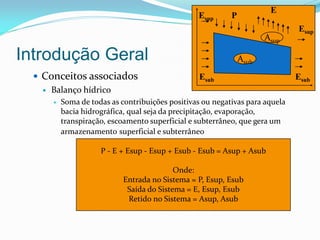 Introdução Geral
 Conceitos associados
 Balanço hídrico
 Soma de todas as contribuições positivas ou negativas para aquela
bacia hidrográfica, qual seja da precipitação, evaporação,
transpiração, escoamento superficial e subterrâneo, que gera um
armazenamento superficial e subterrâneo
P - E + Esup - Esup + Esub - Esub = Asup + Asub
Onde:
Entrada no Sistema = P, Esup, Esub
Saída do Sistema = E, Esup, Esub
Retido no Sistema = Asup, Asub
P
E
Esup
Esup
Asup
Asub
Esub Esub
 