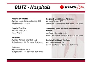 BLITZ - Hospitais
Hospital S Bernardo
Avenida Lucas Nogueira Garcez, 400
São Bernardo do Campo
Hospital Anchieta
Av. Princ Gales, 821
Santo André
Neomater
Avenida Winston Churchill, 151
Rudge Ramos, São Bernardo do Campo
Neomater
Av. Caminho Mar, 1850
Rudge Ramos, São Bernardo do Campo
Hospital E Maternidade Assunção
Av. João Firmino, 250
Assunção, São Bernardo do Campo - São Paulo
Sta Casa de Misericórdia de S Bernardo do
Campo
Av. Robert Kennedy, 2900
Assunção, São Bernardo do Campo - São Paulo
Unidade Paulista de Medicina
Rua Mediterrâneo, 461
Jardim do Mar, São Bernardo do Campo
 