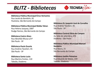 BLITZ - Bibliotecas
Biblioteca Pública Municipal Érico Veríssimo
Rua Jacob do Bandolin, 81
Paulicéia, São Bernardo do Campo
Biblioteca Pública Municipal Malba Tahan
Rua Helena Jacquey, 2087
Rudge Ramos, São Bernardo do Campo
Biblioteca Castro Alves
Rua Abrahão Mussa s/nº
São Paulo - SP
Biblioteca Paulo Duarte
Rua Arsênio Tavolieri, 45
São Paulo - SP
Biblioteca Santa Luzia
Rua Martins Fontes, 110
Taboão, Diadema
Biblioteca Dr Joaquim José de Carvalho
Rua Arsênio Tavolieri, 45
São Paulo - SP
Biblioteca Central Olíria de Campos
Av. Sete de setembro, 470
Diadema - São Paulo
Biblioteca Pública Municipal Manuel
Bandeira
Rua Bauru, 21
São Bernardo do Campo
Biblioteca Jardim Paineiras
Rua Eduardo de Matos, 159
Taboão, Diadema
 
