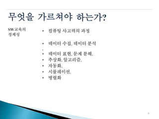 무엇을
SW교육의
정체성
가르쳐야 하는가?
• 컴퓨팅 사고력의 과정
• 데이터 수집, 데이터 분석
,
• 데이터 표현, 문제 분해,
• 추상화, 알고리즘,
• 자동화,
• 시뮬레이션,
• 병렬화
9
 
