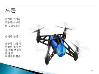 드론
스마트 기기로
조종하는 나만
의 무인항공기
카메라 장착
운동장
다양한
그림
설치
등
미
술 교육 프로그
램 활용
지역사회 학습
43
 