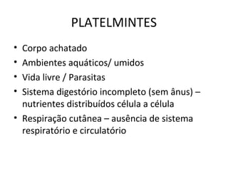 PLATELMINTES
• Corpo achatado
• Ambientes aquáticos/ umidos
• Vida livre / Parasitas
• Sistema digestório incompleto (sem ânus) –
nutrientes distribuídos célula a célula
• Respiração cutânea – ausência de sistema
respiratório e circulatório
 
