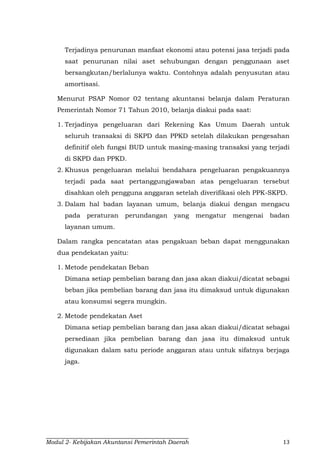 Modul 2- Kebijakan Akuntansi Pemerintah Daerah 13
Terjadinya penurunan manfaat ekonomi atau potensi jasa terjadi pada
saat penurunan nilai aset sehubungan dengan penggunaan aset
bersangkutan/berlalunya waktu. Contohnya adalah penyusutan atau
amortisasi.
Menurut PSAP Nomor 02 tentang akuntansi belanja dalam Peraturan
Pemerintah Nomor 71 Tahun 2010, belanja diakui pada saat:
1. Terjadinya pengeluaran dari Rekening Kas Umum Daerah untuk
seluruh transaksi di SKPD dan PPKD setelah dilakukan pengesahan
definitif oleh fungsi BUD untuk masing-masing transaksi yang terjadi
di SKPD dan PPKD.
2. Khusus pengeluaran melalui bendahara pengeluaran pengakuannya
terjadi pada saat pertanggungjawaban atas pengeluaran tersebut
disahkan oleh pengguna anggaran setelah diverifikasi oleh PPK-SKPD.
3. Dalam hal badan layanan umum, belanja diakui dengan mengacu
pada peraturan perundangan yang mengatur mengenai badan
layanan umum.
Dalam rangka pencatatan atas pengakuan beban dapat menggunakan
dua pendekatan yaitu:
1. Metode pendekatan Beban
Dimana setiap pembelian barang dan jasa akan diakui/dicatat sebagai
beban jika pembelian barang dan jasa itu dimaksud untuk digunakan
atau konsumsi segera mungkin.
2. Metode pendekatan Aset
Dimana setiap pembelian barang dan jasa akan diakui/dicatat sebagai
persediaan jika pembelian barang dan jasa itu dimaksud untuk
digunakan dalam satu periode anggaran atau untuk sifatnya berjaga
jaga.
 
