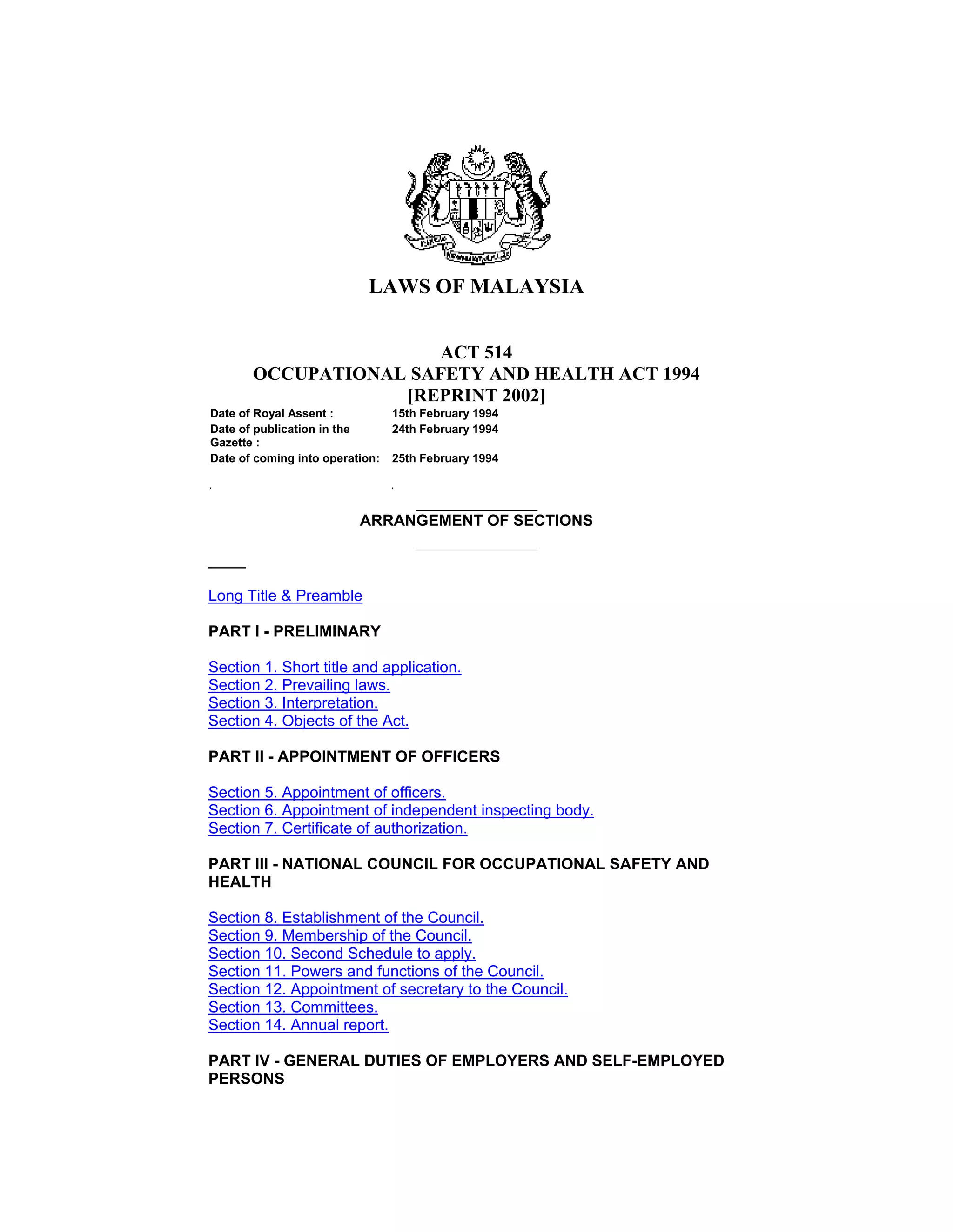 02. occupational safety and health act 1994 (act 514) osha | PDF