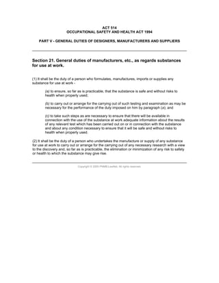 02. occupational safety and health act 1994 (act 514) osha | PDF