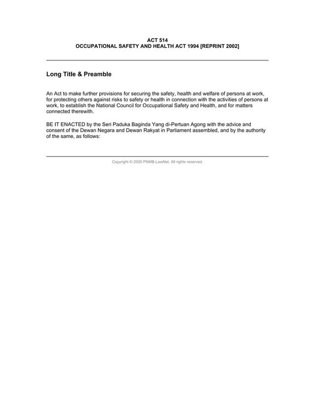 02. occupational safety and health act 1994 (act 514) osha | PDF