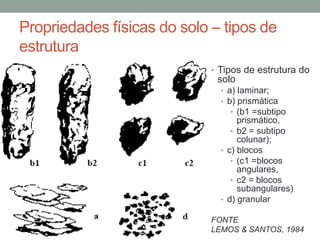 Propriedades físicas do solo – tipos de
estrutura
• Tipos de estrutura do
solo
• a) laminar;
• b) prismática
• (b1 =subtipo
prismático,
• b2 = subtipo
colunar);
• c) blocos
• (c1 =blocos
angulares,
• c2 = blocos
subangulares)
• d) granular
FONTE
LEMOS & SANTOS, 1984
 
