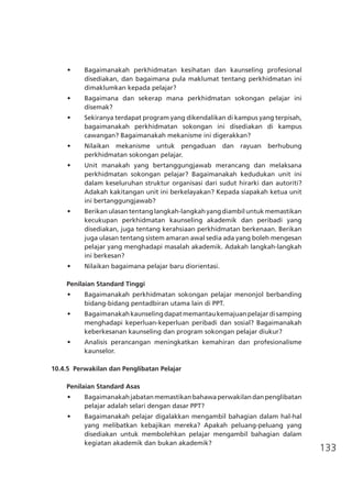 133
•	 Bagaimanakah perkhidmatan kesihatan dan kaunseling profesional
disediakan, dan bagaimana pula maklumat tentang perkhidmatan ini
dimaklumkan kepada pelajar?
•	 Bagaimana dan sekerap mana perkhidmatan sokongan pelajar ini
disemak?
•	 Sekiranya terdapat program yang dikendalikan di kampus yang terpisah,
bagaimanakah perkhidmatan sokongan ini disediakan di kampus
cawangan? Bagaimanakah mekanisme ini digerakkan?
•	 Nilaikan mekanisme untuk pengaduan dan rayuan berhubung
perkhidmatan sokongan pelajar.
•	 Unit manakah yang bertanggungjawab merancang dan melaksana
perkhidmatan sokongan pelajar? Bagaimanakah kedudukan unit ini
dalam keseluruhan struktur organisasi dari sudut hirarki dan autoriti?
Adakah kakitangan unit ini berkelayakan? Kepada siapakah ketua unit
ini bertanggungjawab?
•	 Berikanulasantentanglangkah-langkahyangdiambiluntukmemastikan
kecukupan perkhidmatan kaunseling akademik dan peribadi yang
disediakan, juga tentang kerahsiaan perkhidmatan berkenaan. Berikan
juga ulasan tentang sistem amaran awal sedia ada yang boleh mengesan
pelajar yang menghadapi masalah akademik. Adakah langkah-langkah
ini berkesan?
•	 Nilaikan bagaimana pelajar baru diorientasi.
Penilaian Standard Tinggi
•	 Bagaimanakah perkhidmatan sokongan pelajar menonjol berbanding
bidang-bidang pentadbiran utama lain di PPT.
•	 Bagaimanakahkaunselingdapatmemantaukemajuanpelajardisamping
menghadapi keperluan-keperluan peribadi dan sosial? Bagaimanakah
keberkesanan kaunseling dan program sokongan pelajar diukur?
•	 Analisis perancangan meningkatkan kemahiran dan profesionalisme
kaunselor.
10.4.5	 Perwakilan dan Penglibatan Pelajar
	
Penilaian Standard Asas
•	 Bagaimanakahjabatanmemastikanbahawaperwakilandanpenglibatan
pelajar adalah selari dengan dasar PPT?
•	 Bagaimanakah pelajar digalakkan mengambil bahagian dalam hal-hal
yang melibatkan kebajikan mereka? Apakah peluang-peluang yang
disediakan untuk membolehkan pelajar mengambil bahagian dalam
kegiatan akademik dan bukan akademik?
 