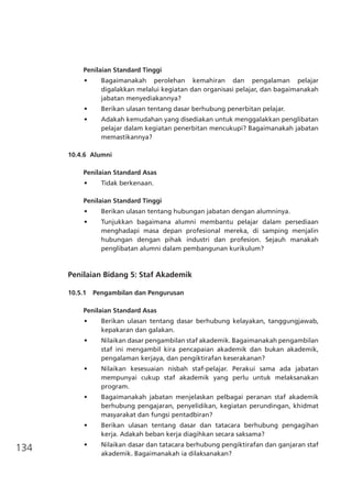 134
Penilaian Standard Tinggi
•	 Bagaimanakah perolehan kemahiran dan pengalaman pelajar
digalakkan melalui kegiatan dan organisasi pelajar, dan bagaimanakah
jabatan menyediakannya?
•	 Berikan ulasan tentang dasar berhubung penerbitan pelajar.
•	 Adakah kemudahan yang disediakan untuk menggalakkan penglibatan
pelajar dalam kegiatan penerbitan mencukupi? Bagaimanakah jabatan
memastikannya?
10.4.6 	Alumni
Penilaian Standard Asas
•	 Tidak berkenaan.
Penilaian Standard Tinggi
•	 Berikan ulasan tentang hubungan jabatan dengan alumninya.
•	 Tunjukkan bagaimana alumni membantu pelajar dalam persediaan
menghadapi masa depan profesional mereka, di samping menjalin
hubungan dengan pihak industri dan profesion. Sejauh manakah
penglibatan alumni dalam pembangunan kurikulum?
Penilaian Bidang 5: Staf Akademik
10.5.1		 Pengambilan dan Pengurusan
Penilaian Standard Asas
•	 Berikan ulasan tentang dasar berhubung kelayakan, tanggungjawab,
kepakaran dan galakan.
•	 Nilaikan dasar pengambilan staf akademik. Bagaimanakah pengambilan
staf ini mengambil kira pencapaian akademik dan bukan akademik,
pengalaman kerjaya, dan pengiktirafan keserakanan?
•	 Nilaikan kesesuaian nisbah staf-pelajar. Perakui sama ada jabatan
mempunyai cukup staf akademik yang perlu untuk melaksanakan
program.
•	 Bagaimanakah jabatan menjelaskan pelbagai peranan staf akademik
berhubung pengajaran, penyelidikan, kegiatan perundingan, khidmat
masyarakat dan fungsi pentadbiran?
•	 Berikan ulasan tentang dasar dan tatacara berhubung pengagihan
kerja. Adakah beban kerja diagihkan secara saksama?
•	 Nilaikan dasar dan tatacara berhubung pengiktirafan dan ganjaran staf
akademik. Bagaimanakah ia dilaksanakan?
 
