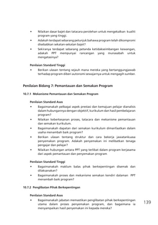 139
•	 Nilaikan dasar bajet dan tatacara perolehan untuk mengekalkan  kualiti
program yang tinggi.
•	 Adakah terdapat sebarang petunjuk bahawa program telah dikompromi
disebabkan sekatan-sekatan bajet?
•	 Sekiranya terdapat sebarang petanda ketidakseimbangan kewangan,
adakah PPT mempunyai rancangan yang munasabah untuk
mengatasinya?
Penilaian Standard Tinggi
•	 Berikan ulasan tentang sejauh mana mereka yang bertanggungjawab
terhadap program diberi autonomi sewajarnya untuk mengagih sumber.
Penilaian Bidang 7: Pemantauan dan Semakan Program
10.7.1	 Mekanisme Pemantauan dan Semakan Program
Penilaian Standard Asas
•	 Bagaimanakah pelbagai aspek prestasi dan kemajuan pelajar dianalisis
dalam hubungannya dengan objektif, kurikulum dan hasil pembelajaran
program?
•	 Nilaikan keberkesanan proses, tatacara dan mekanisme pemantauan
dan semakan kurikulum.
•	 Bagaimanakah dapatan dari semakan kurikulum dimanfaatkan dalam
usaha menambah baik program?
•	 Berikan ulasan tentang struktur dan cara bekerja jawatankuasa
penyemakan program. Adakah penyemakan ini melibatkan tenaga
pengajar dan pelajar?
•	 Nilaikan hubungan antara PPT yang terlibat dalam program kerjasama
dari aspek pemantauan dan penyemakan program
	
Penilaian Standard Tinggi
•	 Bagaimanakah maklum balas pihak berkepentingan disemak dan
dilaksanakan?
•	 Bagaimanakah proses dan mekanisme semakan kendiri dalaman  PPT
menambah baik program?
10.7.2	 Penglibatan Pihak Berkepentingan
Penilaian Standard Asas
•	 Bagaimanakah jabatan memastikan penglibatan pihak berkepentingan
utama dalam proses penyemakan program, dan bagaimana ia
menyampaikan hasil penyemakan ini kepada mereka?
 