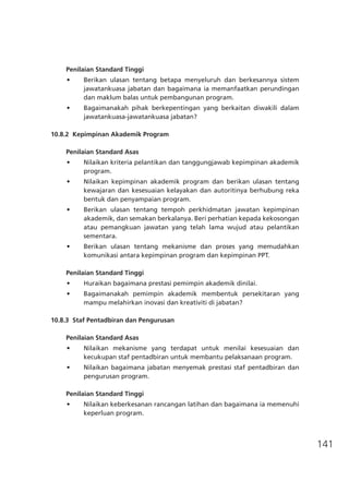 141
Penilaian Standard Tinggi
•	 Berikan ulasan tentang betapa menyeluruh dan berkesannya sistem
jawatankuasa jabatan dan bagaimana ia memanfaatkan perundingan
dan maklum balas untuk pembangunan program.
•	 Bagaimanakah pihak berkepentingan yang berkaitan diwakili dalam
jawatankuasa-jawatankuasa jabatan?
10.8.2	 Kepimpinan Akademik Program
Penilaian Standard Asas
•	 Nilaikan kriteria pelantikan dan tanggungjawab kepimpinan akademik
program.
•	 Nilaikan kepimpinan akademik program dan berikan ulasan tentang
kewajaran dan kesesuaian kelayakan dan autoritinya berhubung reka
bentuk dan penyampaian program.
•	 Berikan ulasan tentang tempoh perkhidmatan jawatan kepimpinan
akademik, dan semakan berkalanya. Beri perhatian kepada kekosongan
atau pemangkuan jawatan yang telah lama wujud atau pelantikan
sementara.
•	 Berikan ulasan tentang mekanisme dan proses yang memudahkan
komunikasi antara kepimpinan program dan kepimpinan PPT.
Penilaian Standard Tinggi
•	 Huraikan bagaimana prestasi pemimpin akademik dinilai.
•	 Bagaimanakah pemimpin akademik membentuk persekitaran yang
mampu melahirkan inovasi dan kreativiti di jabatan?
10.8.3	 Staf Pentadbiran dan Pengurusan
Penilaian Standard Asas
•	 Nilaikan mekanisme yang terdapat untuk menilai kesesuaian dan
kecukupan staf pentadbiran untuk membantu pelaksanaan program.
•	 Nilaikan bagaimana jabatan menyemak prestasi staf pentadbiran dan
pengurusan program.
Penilaian Standard Tinggi
•	 Nilaikan keberkesanan rancangan latihan dan bagaimana ia memenuhi
keperluan program.
 