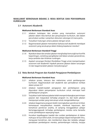 58
MAKLUMAT BERKENAAN BIDANG 2: REKA BENTUK DAN PENYAMPAIAN
KURIKULUM
2.1	 Autonomi Akademik
Maklumat Berkenaan Standard Asas
2.1.1	 Jelaskan ketetapan dan amalan yang memastikan autonomi
jabatan dalam reka bentuk dan penyampaian kurikulum, dan dalam
peruntukan sumber. Lampirkan dokumen sokongan di mana perlu.
2.1.2	 Tunjukkan hubungan antara jabatan dengan senat.
2.1.3	 Bagaimanakah jabatan memastikan bahawa staf akademik mendapat
autonomi yang secukupnya dalam bidang kepakaran mereka?
Maklumat Berkenaan Standard Tinggi
2.1.4	 Nyatakan dasar dan amalan jabatan menghadapi kemungkinan konflik
kepentingan, contohnya penglibatan staf dalam amalan persendirian,
kerja sambilan dan khidmat rundingan.
2.1.5	 Apakah rancangan Pemberi Pendidikan Tinggi untuk memperluaskan
autonomi staf akademik? Apakah peranan jabatan dalam rancangan
ini dan bagaimanakah jabatan menyokongnya?	
2.2	 Reka Bentuk Program dan Kaedah Pengajaran-Pembelajaran
Maklumat Berkenaan Standard Asas
2.2.1	 Jelaskan proses, tatacara dan mekanisme untuk pembangunan
kurikulum. Bagaimanakah staf akademik dan pentadbiran terlibat
dalam proses ini?
2.2.2	 Jelaskan kaedah-kaedah pengajaran dan pembelajaran yang
digunakan dalam penyampaian kurikulum untuk mencapai hasil
pembelajaran program.
2.2.3	 Tunjukkan bukti bahawajabatantelahmempertimbangkanpermintaan
pasaran dan masyarakat terhadap program ini, dan bukti jabatan
mempunyai sumber yang mencukupi untuk mengendalikannya.
2.2.4	 Jelaskan bagaimana program boleh meningkatkan pemikiran kritikal,
kemampuan menyelesaikan masalah, membuat keputusan, dan
kemahiran pemikiran analitis, di samping menggalakkan pelajar
bertanggungjawab terhadap pembelajaran mereka serta bersedia
untuk pembelajaran sepanjang hayat.
2.2.5	 Huraikan kepelbagaian kaedah dan sumber pembelajaran di dalam
mahupun di luar bilik kuliah, di mana pelajar dapat memperoleh ilmu,
menguasai kemahiran, dan membentuk sikap dan tatalaku sebagai
persediaan pembelajaran mereka, perkembangan individu, kerjaya
 