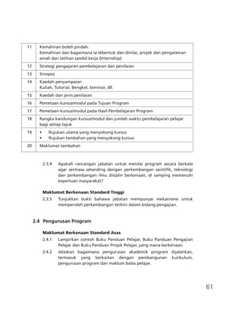 61
	 11	 Kemahiran boleh pindah:
		 Kemahiran dan bagaimana ia dibentuk dan dinilai, projek dan pengalaman 	
	 	 amali dan latihan sambil kerja (Internship)
	 12	 Strategi pengajaran-pembelajaran dan penilaian
	 13	 Sinopsis
	 14	 Kaedah penyampaian
		 Kuliah, Tutorial, Bengkel, Seminar, dll.
	 15	 Kaedah dan jenis penilaian
	 16	 Pemetaan kursus/modul pada Tujuan Program
	 17	 Pemetaan kursus/modul pada Hasil Pembelajaran Program
	 18	 Rangka kandungan kursus/modul dan jumlah waktu pembelajaran pelajar
		 bagi setiap tajuk
	 19	 •	 Rujukan utama yang menyokong kursus
	 	 •	 Rujukan tambahan yang menyokong kursus
	 20	 Maklumat tambahan
2.3.4	 Apakah rancangan jabatan untuk menilai program secara berkala
agar sentiasa setanding dengan perkembangan saintifik, teknologi
dan perkembangan ilmu disiplin berkenaan, di samping memenuhi
keperluan masyarakat?
Maklumat Berkenaan Standard Tinggi
2.3.5	 Tunjukkan bukti bahawa jabatan mempunyai mekanisme untuk
memperoleh perkembangan terkini dalam bidang pengajian.
2.4	 Pengurusan Program
Maklumat Berkenaan Standard Asas
2.4.1	 Lampirkan contoh Buku Panduan Pelajar, Buku Panduan Pengajian
Pelajar dan Buku Panduan Projek Pelajar, yang mana berkenaan.
2.4.2	 Jelaskan bagaimana pengurusan akademik program dijalankan,
termasuk yang berkaitan dengan pembangunan kurikulum,
pengurusan program dan maklum balas pelajar.
 
