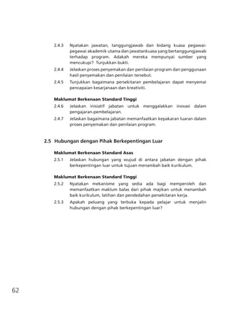 62
2.4.3	 Nyatakan jawatan, tanggungjawab dan bidang kuasa pegawai-
pegawai akademik utama dan jawatankuasa yang bertanggungjawab
terhadap program. Adakah mereka mempunyai sumber yang
mencukupi?  Tunjukkan bukti.
2.4.4	 Jelaskan proses penyemakan dan penilaian program dan penggunaan
hasil penyemakan dan penilaian tersebut.
2.4.5	 Tunjukkan bagaimana persekitaran pembelajaran dapat menyemai
pencapaian kesarjanaan dan kreativiti.
Maklumat Berkenaan Standard Tinggi
2.4.6	 Jelaskan inisiatif jabatan untuk menggalakkan inovasi dalam  
pengajaran-pembelajaran.
2.4.7	 Jelaskan bagaimana jabatan memanfaatkan kepakaran luaran dalam
proses penyemakan dan penilaian program.
2.5	 Hubungan dengan Pihak Berkepentingan Luar
Maklumat Berkenaan Standard Asas
2.5.1	 Jelaskan hubungan yang wujud di antara jabatan dengan pihak
berkepentingan luar untuk tujuan menambah baik kurikulum.
Maklumat Berkenaan Standard Tinggi
2.5.2	 Nyatakan mekanisme yang sedia ada bagi memperoleh dan
memanfaatkan maklum balas dari pihak majikan untuk menambah
baik kurikulum, latihan dan pendedahan persekitaran kerja.
2.5.3	 Apakah peluang yang terbuka kepada pelajar untuk menjalin
hubungan dengan pihak berkepentingan luar?
 
