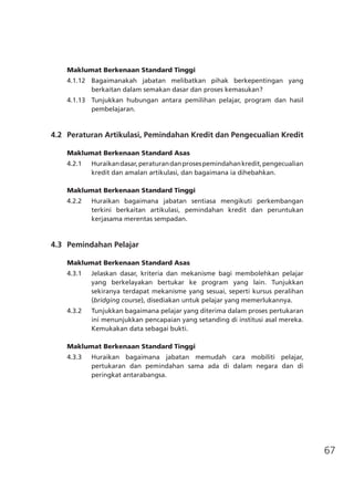 67
Maklumat Berkenaan Standard Tinggi
4.1.12	 Bagaimanakah jabatan melibatkan pihak berkepentingan yang
berkaitan dalam semakan dasar dan proses kemasukan?
4.1.13	 Tunjukkan hubungan antara pemilihan pelajar, program dan hasil
pembelajaran.
	 4.2	 Peraturan Artikulasi, Pemindahan Kredit dan Pengecualian Kredit
Maklumat Berkenaan Standard Asas
4.2.1	 Huraikandasar,peraturandanprosespemindahankredit,pengecualian
kredit dan amalan artikulasi, dan bagaimana ia dihebahkan.
Maklumat Berkenaan Standard Tinggi
4.2.2	 Huraikan bagaimana jabatan sentiasa mengikuti perkembangan
terkini berkaitan artikulasi, pemindahan kredit dan peruntukan
kerjasama merentas sempadan.
	 4.3	 Pemindahan Pelajar
Maklumat Berkenaan Standard Asas
4.3.1	 Jelaskan dasar, kriteria dan mekanisme bagi membolehkan pelajar
yang berkelayakan bertukar ke program yang lain. Tunjukkan
sekiranya terdapat mekanisme yang sesuai, seperti kursus peralihan
(bridging course), disediakan untuk pelajar yang memerlukannya.
4.3.2	 Tunjukkan bagaimana pelajar yang diterima dalam proses pertukaran
ini menunjukkan pencapaian yang setanding di institusi asal mereka.
Kemukakan data sebagai bukti.
Maklumat Berkenaan Standard Tinggi
4.3.3 	 Huraikan bagaimana jabatan memudah cara mobiliti pelajar,
pertukaran dan pemindahan sama ada di dalam negara dan di
peringkat antarabangsa.
 