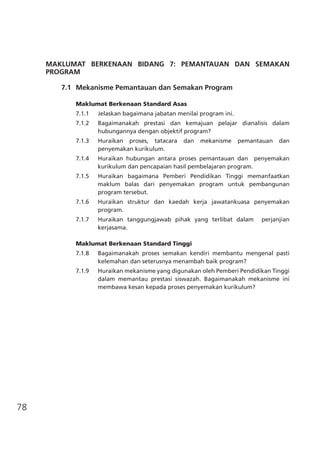78
MAKLUMAT BERKENAAN BIDANG 7: PEMANTAUAN DAN SEMAKAN
PROGRAM
	 7.1	 Mekanisme Pemantauan dan Semakan Program
Maklumat Berkenaan Standard Asas
7.1.1	 Jelaskan bagaimana jabatan menilai program ini.
7.1.2	 Bagaimanakah prestasi dan kemajuan pelajar dianalisis dalam
hubungannya dengan objektif program?
7.1.3	 Huraikan proses, tatacara dan mekanisme pemantauan dan
penyemakan kurikulum.
7.1.4	 Huraikan hubungan antara proses pemantauan dan penyemakan
kurikulum dan pencapaian hasil pembelajaran program.
7.1.5	 Huraikan bagaimana Pemberi Pendidikan Tinggi memanfaatkan
maklum balas dari penyemakan program untuk pembangunan
program tersebut.
7.1.6	 Huraikan struktur dan kaedah kerja jawatankuasa penyemakan
program.
7.1.7	 Huraikan tanggungjawab pihak yang terlibat dalam perjanjian
kerjasama.
Maklumat Berkenaan Standard Tinggi
7.1.8	 Bagaimanakah proses semakan kendiri membantu mengenal pasti
kelemahan dan seterusnya menambah baik program?
7.1.9	 Huraikan mekanisme yang digunakan oleh Pemberi Pendidikan Tinggi
dalam memantau prestasi siswazah. Bagaimanakah mekanisme ini
membawa kesan kepada proses penyemakan kurikulum?
 