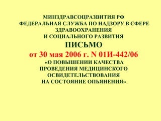 МИНЗДРАВСОЦРАЗВИТИЯ РФ
ФЕДЕРАЛЬНАЯ СЛУЖБА ПО НАДЗОРУ В СФЕРЕ
ЗДРАВООХРАНЕНИЯ
И СОЦИАЛЬНОГО РАЗВИТИЯ
ПИСЬМО
от 30 мая 2006 г. N 01И-442/06
«О ПОВЫШЕНИИ КАЧЕСТВА
ПРОВЕДЕНИЯ МЕДИЦИНСКОГО
ОСВИДЕТЕЛЬСТВОВАНИЯ
НА СОСТОЯНИЕ ОПЬЯНЕНИЯ»
 