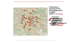 Стационары
с круглосуточной
ангиографической
службой
в 2013 г.- 12 центров
Стационары
с круглосуточной
ангиографической
службой
в 2014 г.- 20 центров
Стационары с
круглосуточной
ангиографической
службой
в 2015 г.- 23 центра
1 ангиографическая
установка - 13
2 и более ангиографические
установки - 9
1 ангиографическая
установка - 14
2 и более ангиографические
установки - 9
 