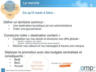 30
Le marché
Construire notre « destination content »
• Capitaliser sur nos atouts et structurer une offre globale :
 Produits : croisières, vins, culture…
 Desserte : faciliter la desserte du territoire depuis l’aéroport…
• Décliner nos valeurs et nos messages à travers une marque.
Déployer la promotion avec des budgets centralisés et
conséquents :
• BtoB
• BtoC
• Accueil
Définir un territoire commun :
• Une destination touristique (et non administrative)
• Créer une gouvernance
Ce qu’il reste à faire :
Saint-Tropez/ Forum interactif du tourisme
 