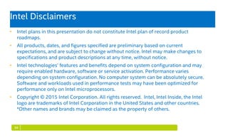 10
• Intel plans in this presentation do not constitute Intel plan of record product
roadmaps.
• All products, dates, and figures specified are preliminary based on current
expectations, and are subject to change without notice. Intel may make changes to
specifications and product descriptions at any time, without notice.
• Intel technologies’ features and benefits depend on system configuration and may
require enabled hardware, software or service activation. Performance varies
depending on system configuration. No computer system can be absolutely secure.
Software and workloads used in performance tests may have been optimized for
performance only on Intel microprocessors.
• Copyright © 2015 Intel Corporation. All rights reserved. Intel, Intel Inside, the Intel
logo are trademarks of Intel Corporation in the United States and other countries.
*Other names and brands may be claimed as the property of others.
Intel Disclaimers
 