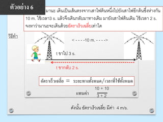 EX : มานะ เดินเป็นเส้นตรงจากเสาไฟต้นหนึ่งไปยังเสาไฟอีกต้นซึ่งห่างกัน
10 m. ใช้เวลา3 s. แล้วจึงเดินกลับมาทางเดิม มายังเสาไฟต้นเดิม ใช้เวลา 2 s.
จงหาว่ามานะจะเดินด้วยอัตราเร็วเฉลี่ยเท่าใด
วิธีทา
t ขาไป 3 s.
t ขากลับ 2 s.
อัตราเร็วเฉลี่ย = ระยะทางทั้งหมด/เวลาที่ใช้ทั้งหมด
10 + 10
3 + 2
< - - - -10 m. - - - ->
ดังนั้น อัตราเร็วเฉลี่ย มีค่า 4 m/s.
แทนค่า
ตัวอย่าง 6
 