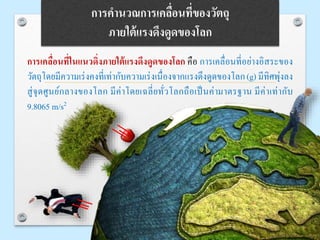 การคานวณการเคลื่อนที่ของวัตถุ
ภายใต้แรงดึงดูดของโลก
การเคลื่อนที่ในแนวดิ่งภายใต้แรงดึงดูดของโลก คือ การเคลื่อนที่อย่างอิสระของ
วัตถุโดยมีความเร่งคงที่เท่ากับความเร่งเนื่องจากแรงดึงดูดของโลก(g) มีทิศพุ่งลง
สู่จุดศูนย์กลางของโลก มีค่าโดยเฉลี่ยทั่วโลกถือเป็นค่ามาตรฐาน มีค่าเท่ากับ
9.8065 m/s2
 