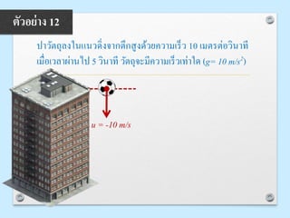 ปาวัตถุลงในแนวดิ่งจากตึกสูงด้วยความเร็ว 10 เมตรต่อวินาที
เมื่อเวลาผ่านไป 5 วินาที วัตถุจะมีความเร็วเท่าใด (g= 10 m/s2)
ตัวอย่าง 12
u = -10 m/s
 