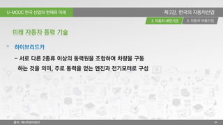 U-MOOC 한국 산업의 현재와 미래
4. 자동차 부품산업3. 자동차 내연기관
60
제 2강. 한국의 자동차산업
하이브리드카
- 서로 다른 2종류 이상의 동력원을 조합하여 차량을 구동
하는 것을 의미, 주로 동력을 얻는 엔진과 전기모터로 구성
미래 자동차 동력 기술
출처 : 에너지관리공단
 
