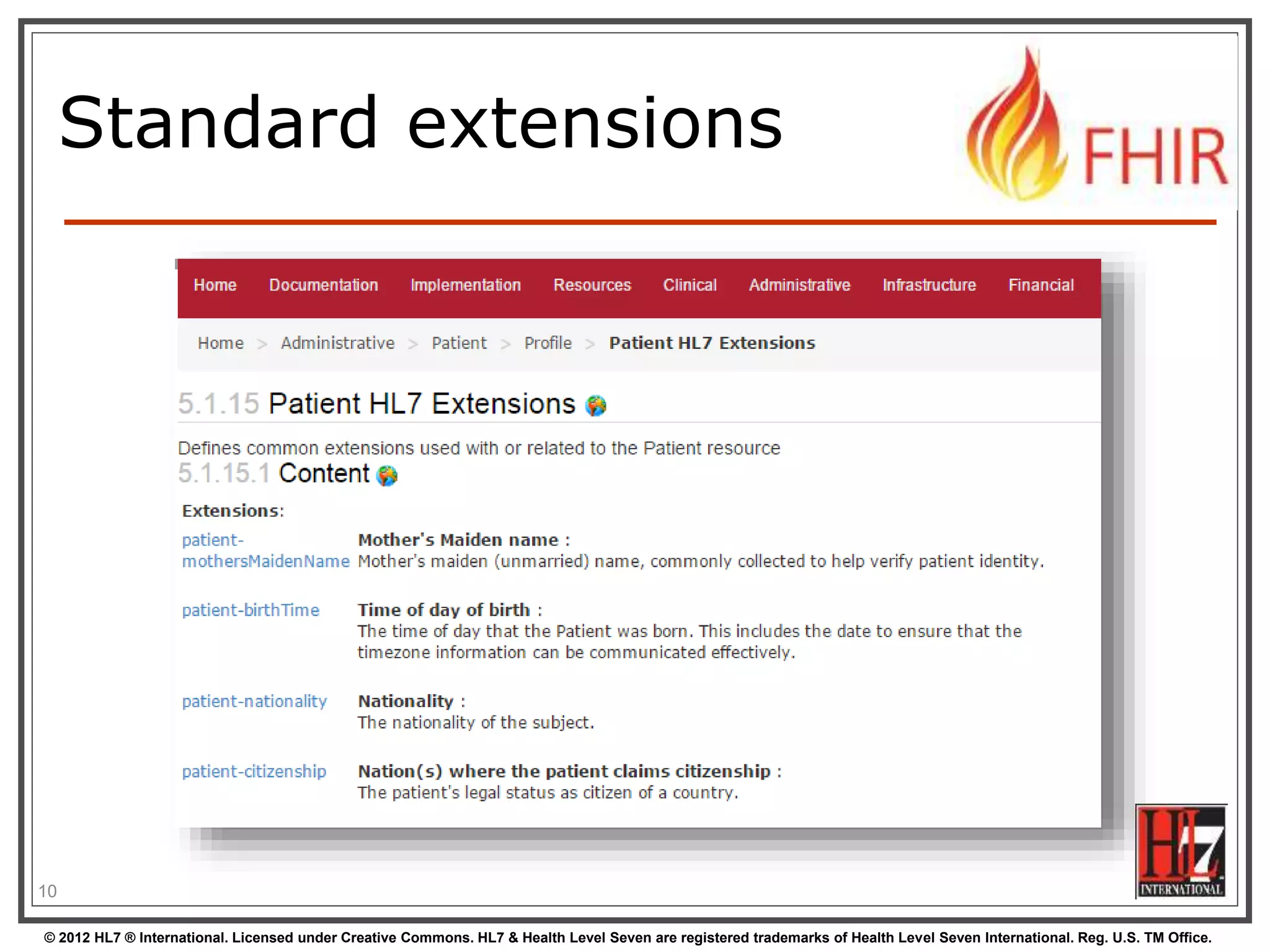 © 2012 HL7 ® International. Licensed under Creative Commons. HL7 & Health Level Seven are registered trademarks of Health Level Seven International. Reg. U.S. TM Office.
Standard extensions
10
 