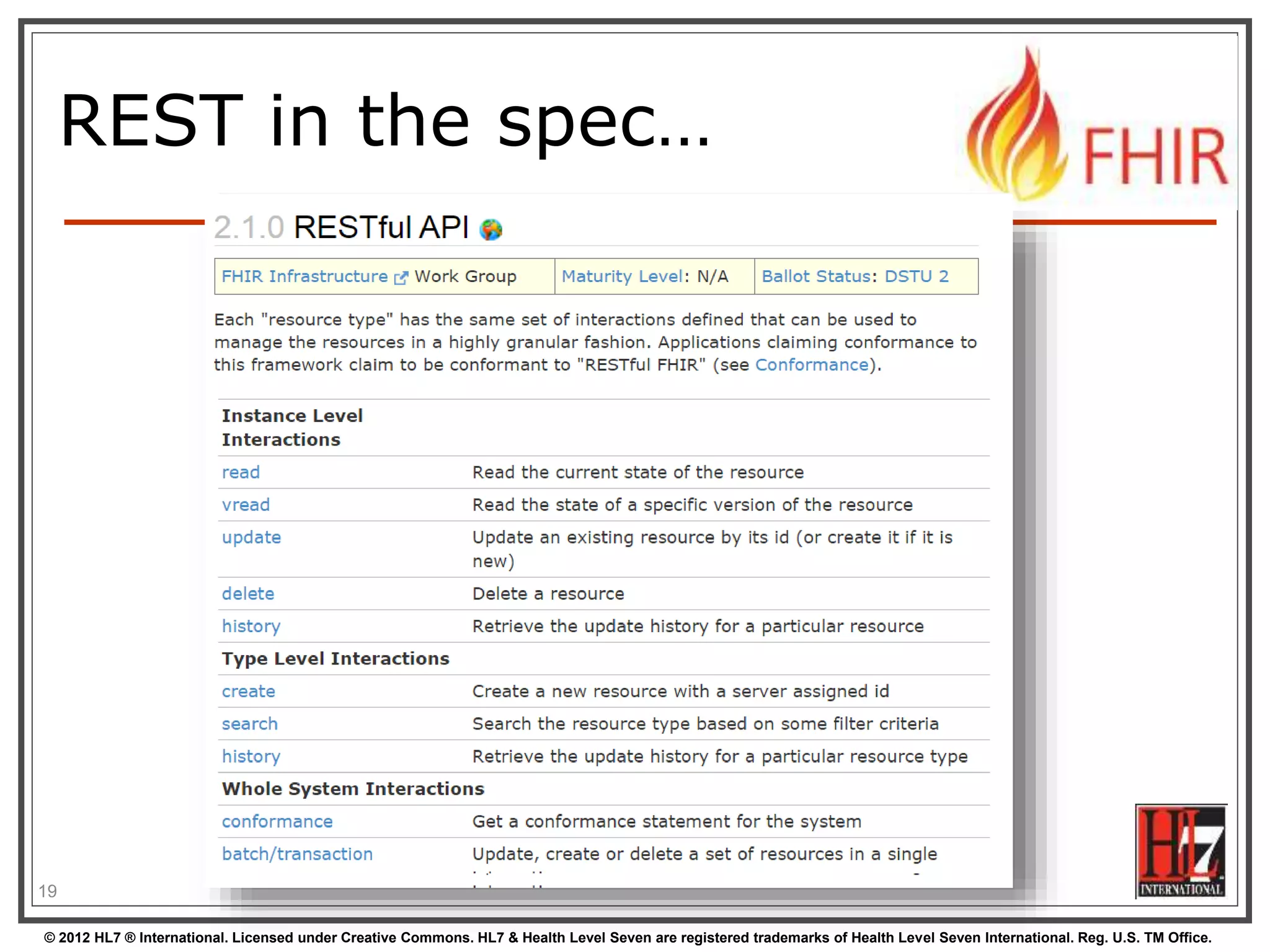 © 2012 HL7 ® International. Licensed under Creative Commons. HL7 & Health Level Seven are registered trademarks of Health Level Seven International. Reg. U.S. TM Office.
REST in the spec…
19
 