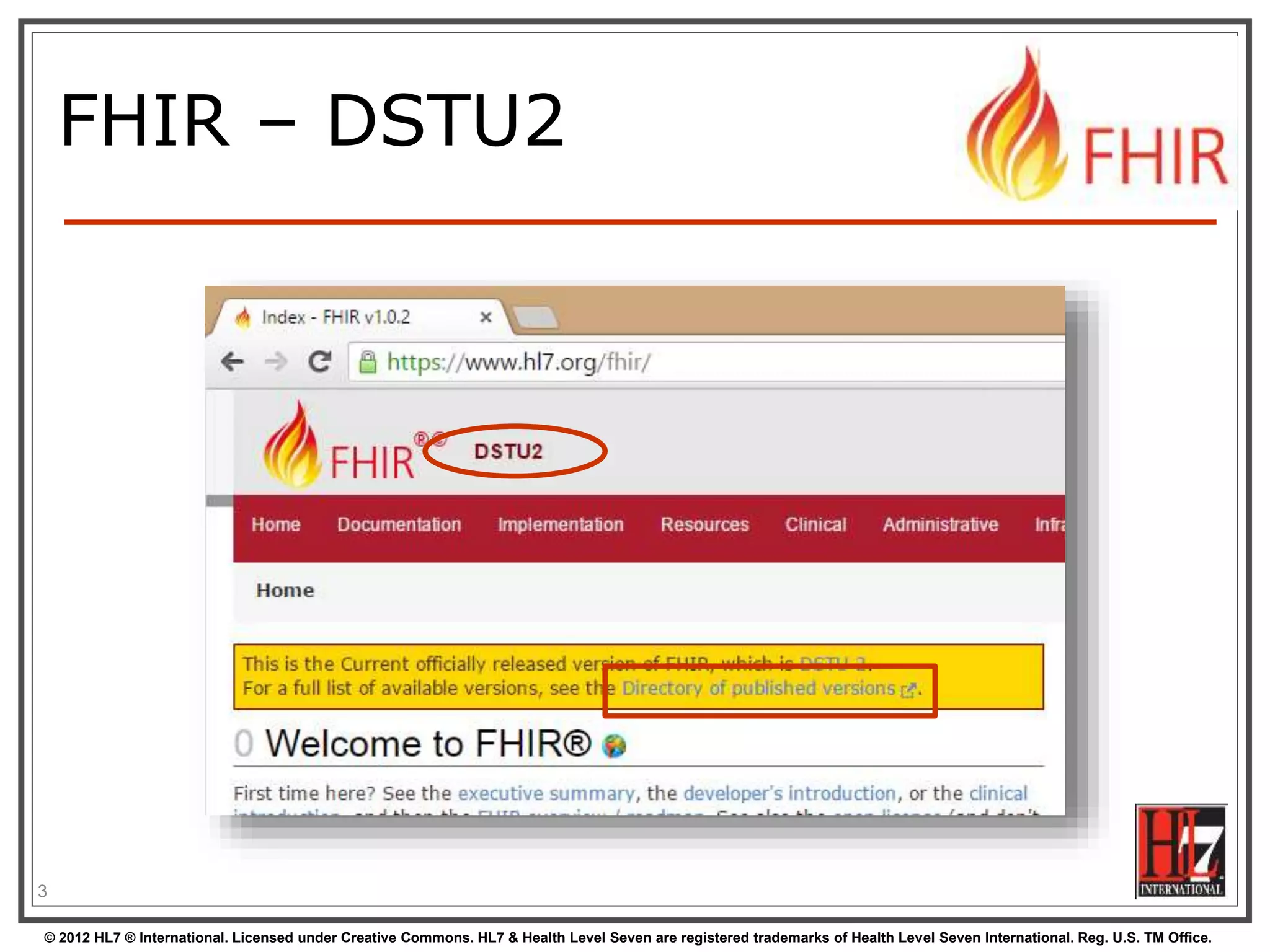 © 2012 HL7 ® International. Licensed under Creative Commons. HL7 & Health Level Seven are registered trademarks of Health Level Seven International. Reg. U.S. TM Office.
FHIR – DSTU2
3
 