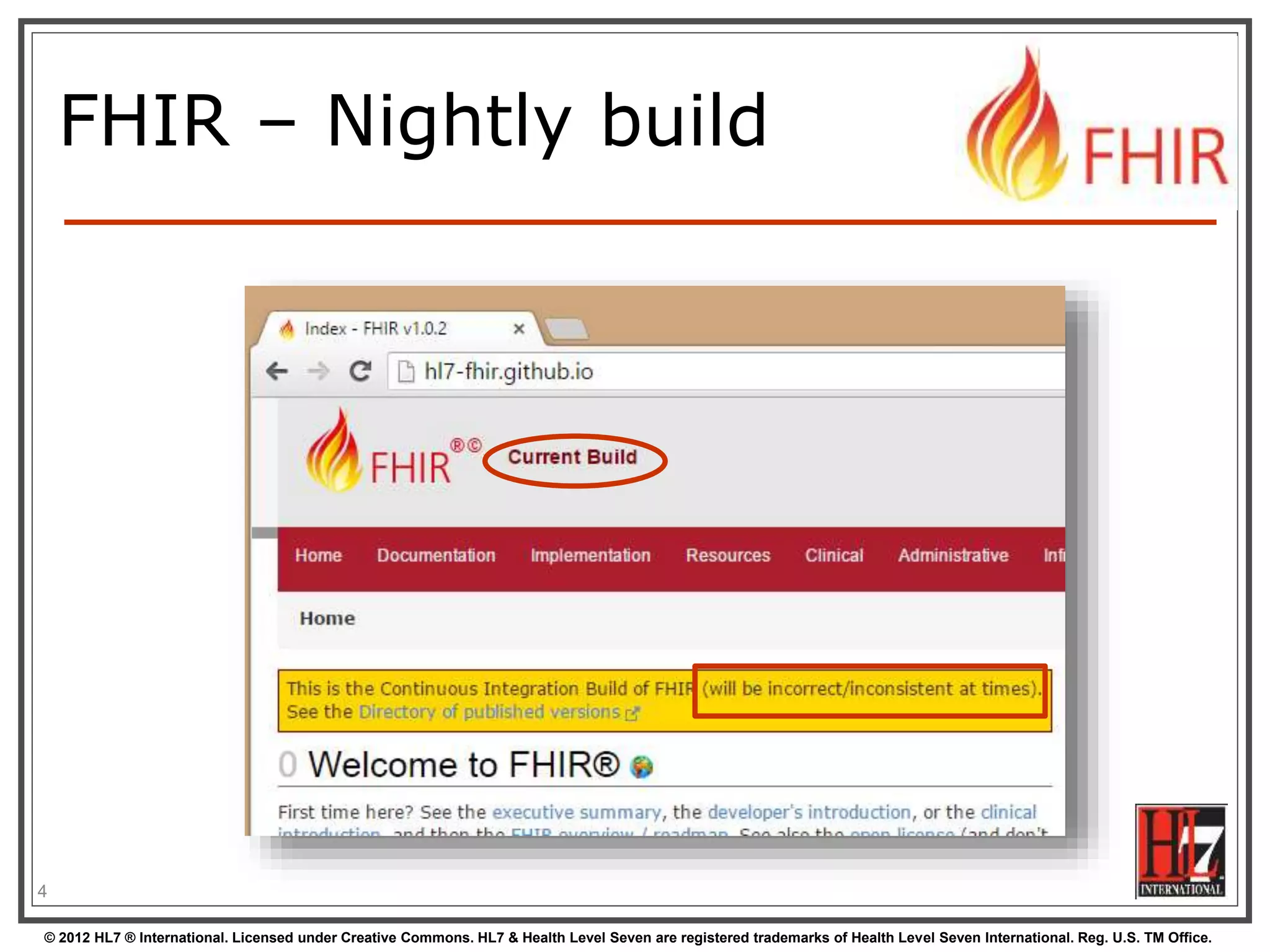 © 2012 HL7 ® International. Licensed under Creative Commons. HL7 & Health Level Seven are registered trademarks of Health Level Seven International. Reg. U.S. TM Office.
4
FHIR – Nightly build
 