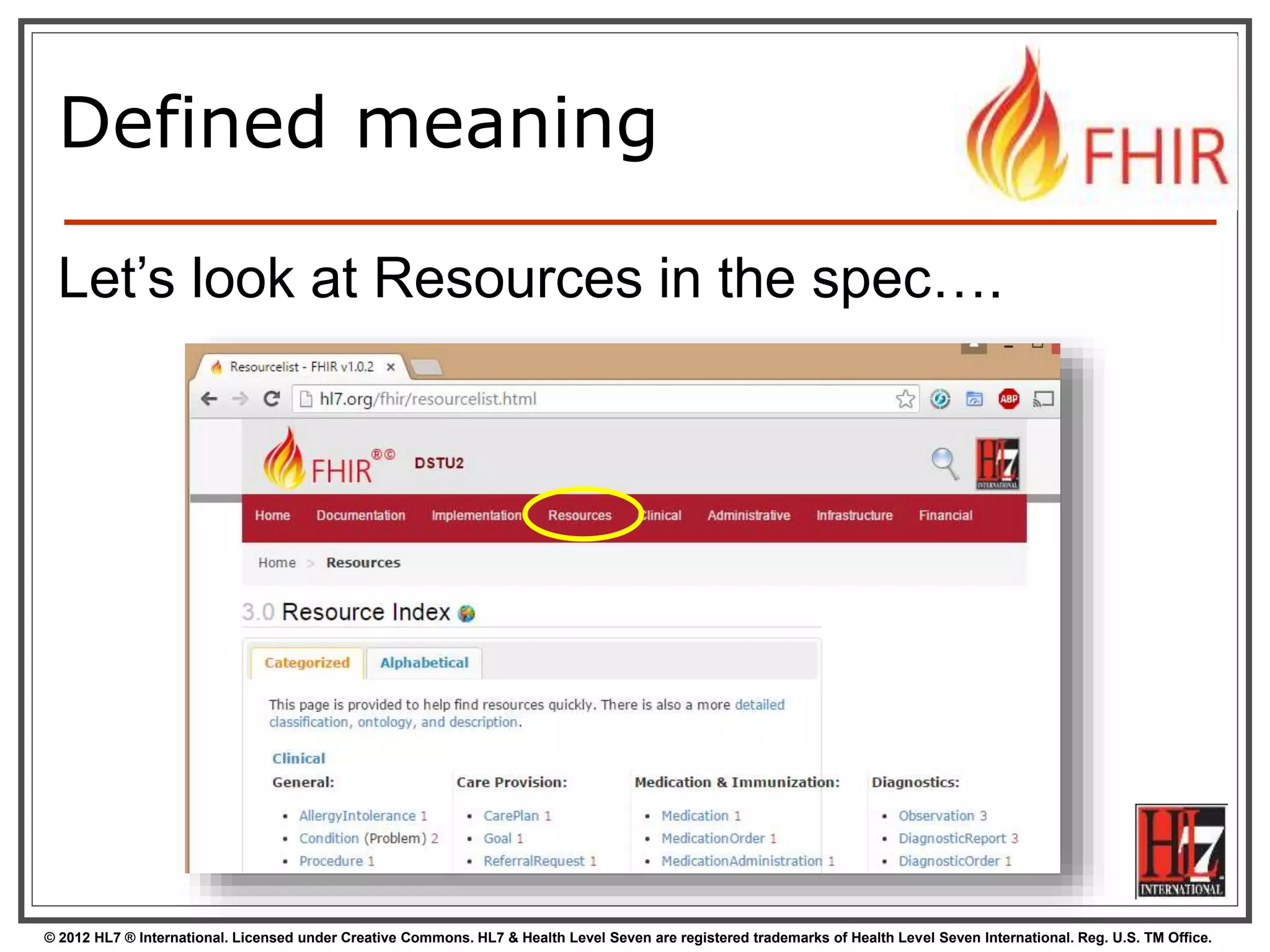 © 2012 HL7 ® International. Licensed under Creative Commons. HL7 & Health Level Seven are registered trademarks of Health Level Seven International. Reg. U.S. TM Office.
Defined meaning
Let’s look at Resources in the spec….
 