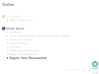 Outline
1 Introduction
What is a Vector?
2 Vector Spaces
Deﬁnition
Linear Independence and Basis of Vector Spaces
Norm of a Vector
Inner Product
Matrices
Trace and Determinant
Matrix Decomposition
Singular Value Decomposition
47 / 50
 