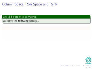 Column Space, Row Space and Rank
Let A be an m × n matrix
We have the following spaces...
Column space
Span of the columns of A.
Linear subspace of Rm.
Row space
Span of the rows of A.
Linear subspace of Rn.
27 / 50
 