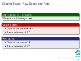 Column Space, Row Space and Rank
Let A be an m × n matrix
We have the following spaces...
Column space
Span of the columns of A.
Linear subspace of Rm.
Row space
Span of the rows of A.
Linear subspace of Rn.
27 / 50
 