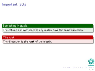 Important facts
Something Notable
The column and row space of any matrix have the same dimension.
The rank
The dimension is the rank of the matrix.
28 / 50
 