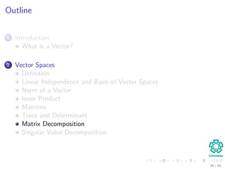 Outline
1 Introduction
What is a Vector?
2 Vector Spaces
Deﬁnition
Linear Independence and Basis of Vector Spaces
Norm of a Vector
Inner Product
Matrices
Trace and Determinant
Matrix Decomposition
Singular Value Decomposition
39 / 50
 