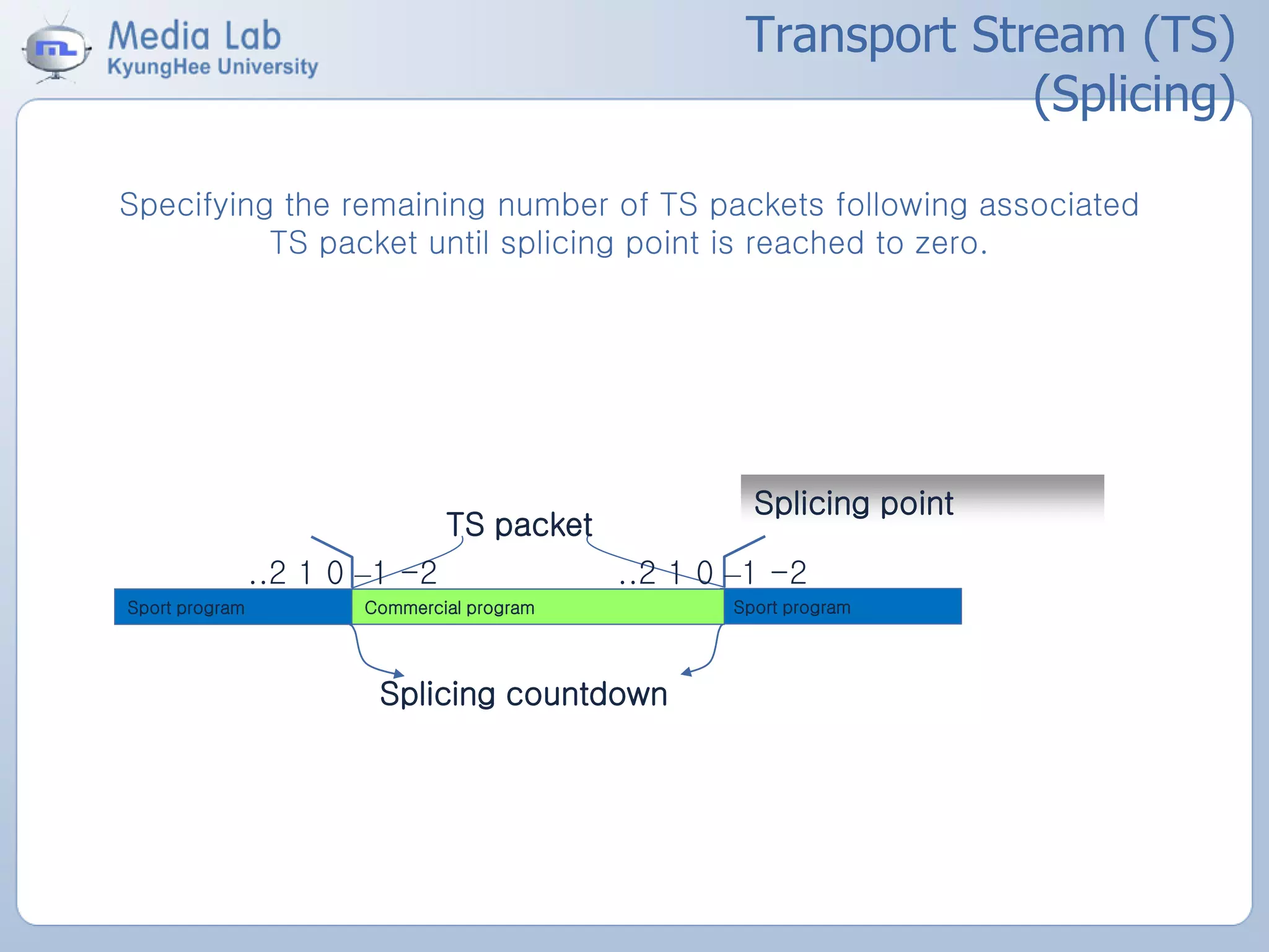 Sport program Sport programCommercial program
TS packet
..2 1 0 –1 -2 ..2 1 0 –1 -2
Splicing countdown
Splicing point
Specifying the remaining number of TS packets following associated
TS packet until splicing point is reached to zero.
Transport Stream (TS)
(Splicing)
 