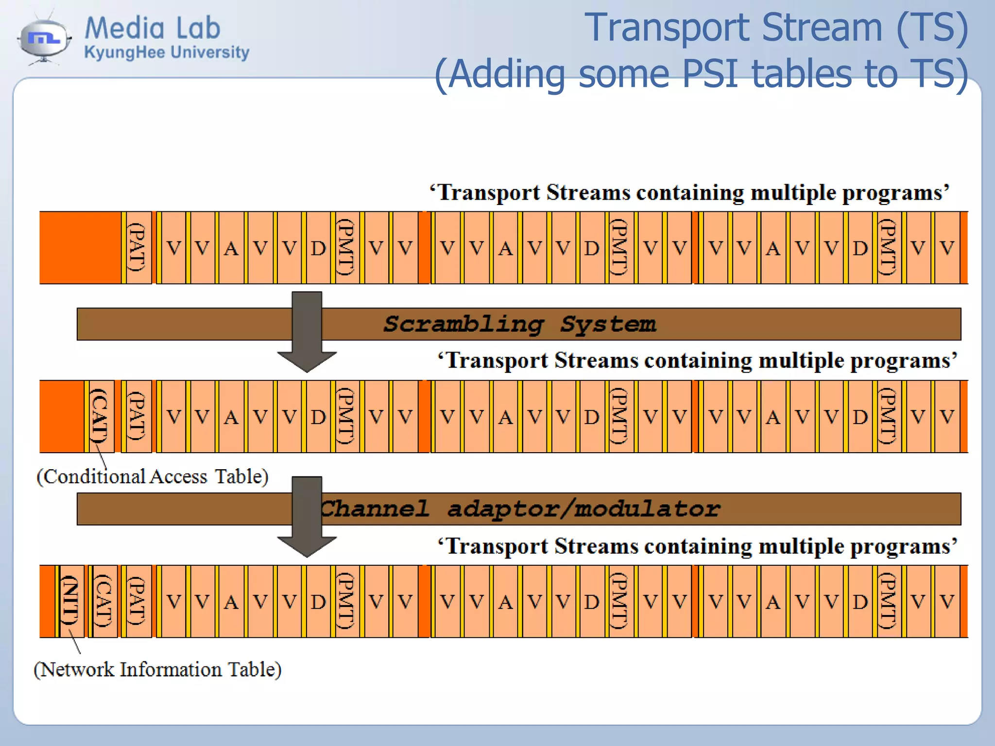 Transport Stream (TS)
(Adding some PSI tables to TS)
 
