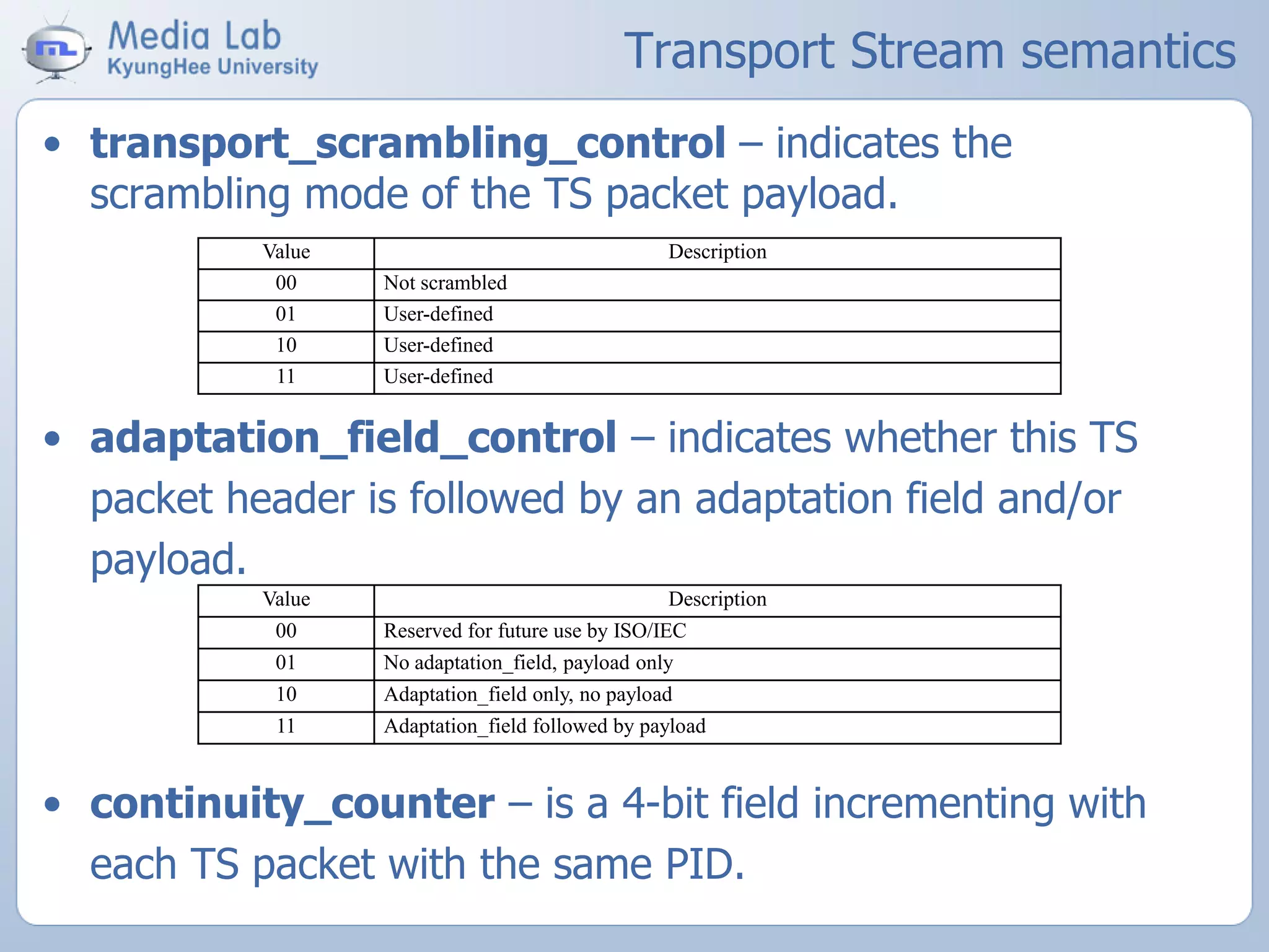 Transport Stream semantics
• transport_scrambling_control – indicates the
scrambling mode of the TS packet payload.
• adaptation_field_control – indicates whether this TS
packet header is followed by an adaptation field and/or
payload.
• continuity_counter – is a 4-bit field incrementing with
each TS packet with the same PID.
Value Description
00 Not scrambled
01 User-defined
10 User-defined
11 User-defined
Value Description
00 Reserved for future use by ISO/IEC
01 No adaptation_field, payload only
10 Adaptation_field only, no payload
11 Adaptation_field followed by payload
 