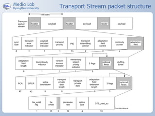 Transport Stream packet structure
TISO5910-95/d19
Transport
packet
stream
header payload
188 bytes
header payload header payload
sync
byte
transport
error
indicator
payload
unit start
indicator
transport
priority PID
transport
scrambling
control
adaptation
field
control
continuity
counter
adaptation
field
adaptation
field
length
discontinuity
indicator
random
access
indicator
elementary
stream
priority
indicator
5 flags
optional
fields
stuffing
bytes
PCR OPCR
splice
countdown
transport
private
data
length
transport
private
data
adaptation
field
extension
length
3 flags
optional
fields
ltw_valid
flag
ltw
offset
piecewise
rate
splice
type
DTS_next_au
8 1 1 1 13 2 2 4
8 1 1 1 5
42 42 88 8 3
1 2215 2 4 33
 