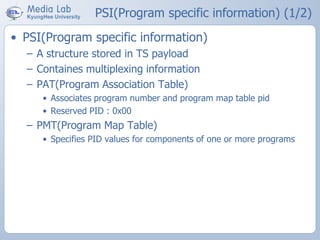 PSI(Program specific information) (1/2)
• PSI(Program specific information)
– A structure stored in TS payload
– Containes multiplexing information
– PAT(Program Association Table)
• Associates program number and program map table pid
• Reserved PID : 0x00
– PMT(Program Map Table)
• Specifies PID values for components of one or more programs
 